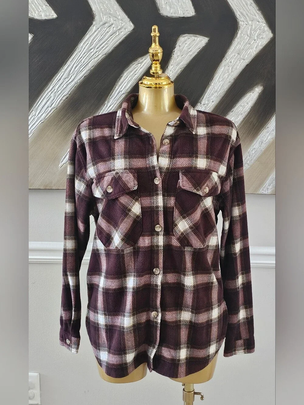 Just Polly New York Plaid Shacket Medium Brown Cream Button Up Flannel